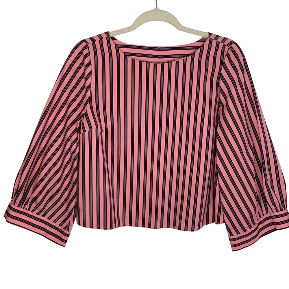 Topshop US 6 Pink Purple Black Stripe Cropped Puff Sleeve Cotton Blouse